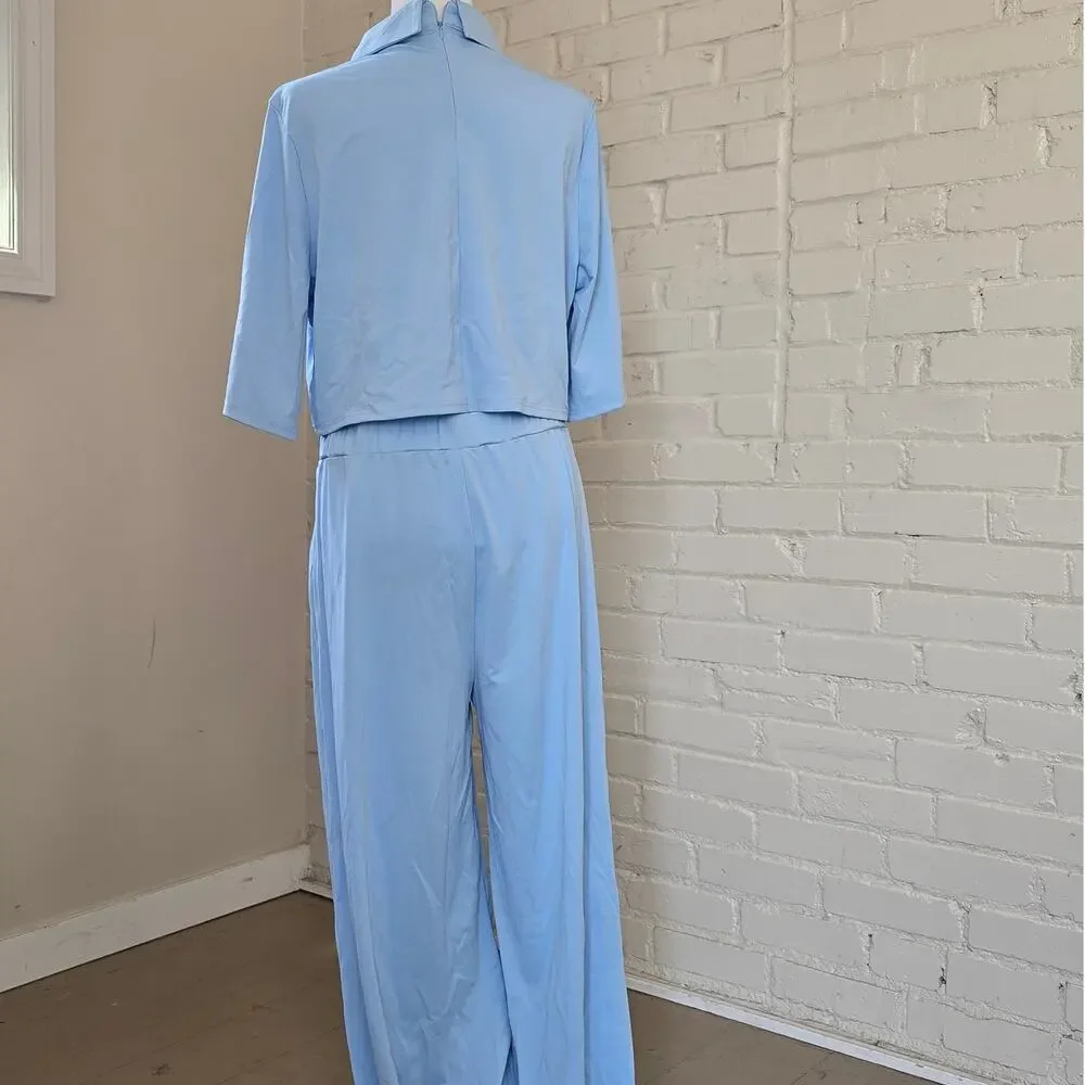 ​Baby Blue Co-Ord Set Collared Crop Top & Wide Leg Pants┃Pastelcore Soft Girl